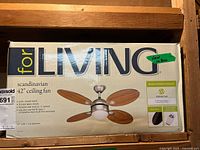Box front showing For Living Scandinavian 42" ceiling fan image and branding