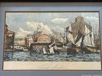 Full view of framed colour print showing harbour scene and title