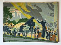 Full view of painting showing orchestra scene and condition