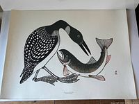 Full view of Kananginak Pootoogook print showing loon and fish