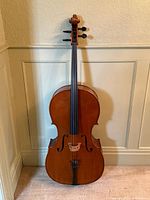 Front view of full-size cello showing body shape and finish