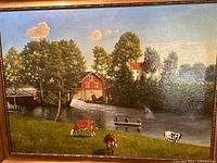 Central view of painting showing farmhouse, bridge, cows, boat on river
