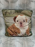 Front view showing bulldog needlepoint design