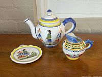 Frontal view of teapot, creamer, plate showing hand-painted design