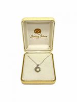 Full view of vintage sterling silver pearl pendant necklace in original box, showing chain and velvet display.