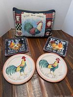 Group view of pillow with two square and two round plates