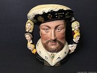 Front view of King Henry VIII character jug showing facial detail and figural handles