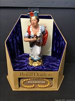 Figurine placed in original velvet-lined wooden display stand showing branding and name plaque