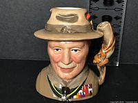 Front view of Royal Doulton Lord Baden-Powell character jug showing face, medals and elephant-trunk handle