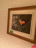 Full view of framed Baltimore oriole acrylic painting on wall