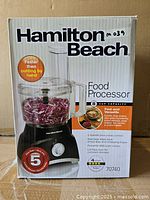Front of boxed Hamilton Beach 8-cup food processor