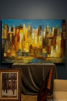 Front view of large abstract cityscape painting