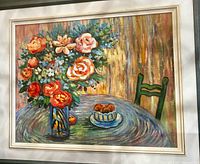Close view of painting showing flowers, fruit, and brushwork