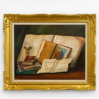 Frontal view of framed still life oil painting