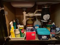 Under-sink view showing entire assortment of cleaners, detergents, rinse aid, tub and boxes