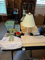 Full set showing towels, lamp, wastebasket, accessories