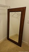 Full view of mirror leaning against wall, shows size and frame color