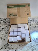 Opened cardboard box showing 25 individual small white boxes of lightbulbs inside
