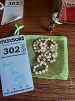 Necklace coiled beside lot tag and in mesh pouch