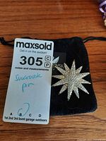 Front view of crystal pavé star brooch on pouch