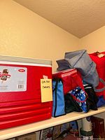Shelf with red and white Igloo hard cooler and various soft cooler bags stacked beside it
