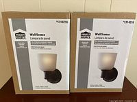 Front view of two boxed Project Source wall sconces showing product image and branding