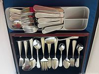 overall view showing loose pieces in plastic tray and organized pieces in wooden case