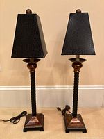 Full view of both matching lamps with shades and cords