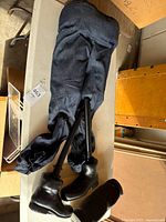 Full view of denim legs prop with boots and support rods
