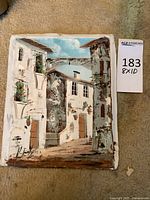 Full view of painting showing village scene, size reference note