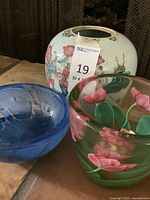 Group shot of Asian vase, blue bowl, tulip bowl