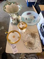 Full set: porcelain vase, lidded jar, dessert plate, clear glass bowl, opalescent bowl