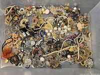 Plastic bin filled with tangled costume jewelry pieces