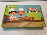 Front of colourful Kids Kitchen Set box showing age 3+ marking