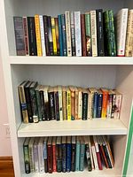 Three white shelves filled with various novels arranged upright, showing spines with titles and author names.