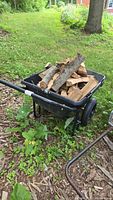Full side view of plastic garden wheelbarrow loaded with chopped wood on wood-chip ground surface outdoors near some plants and trees.