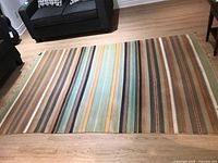 Photo showing rectangular area rug with vertical striped pattern in various muted colors. Rug laid flat on wooden floor near black couch.