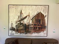 Large marine-themed painting framed in wood, showing boats and dock structures in Mid-Century Modern style.