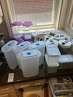 Full view of multiple plastic food containers on kitchen countertop with various lids including blue vented lids and purple latch lids