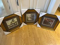 Three framed Group of Seven prints positioned on a wooden floor showing their size and frame style with protective cardboard corners.