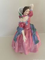 Porcelain figurine of woman in pink dress with blue and green draping, viewed slightly from the back showing pose and details.