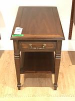 Front view of Deilcraft wooden side table showing drawer, lower shelf, and wood finish