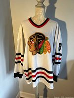 Front view of jersey on mannequin showing crest, stripes and number 8