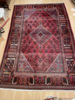 Full view of wool rug showing pattern, colors and fringe
