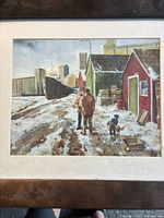 Full frontal view of the framed Giclée print showing winter harbor scene with people, boats and buildings.