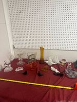 Full view of assorted art glass pieces on table