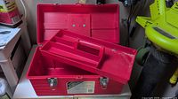 Both red plastic tool boxes with one open showing tray