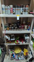 Front view showing spray cans, stain tins and tools on shelving