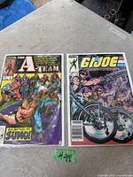 Front view of two bagged Marvel comic books: The A-Team #2 and G.I. Joe A Real American Hero