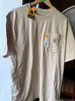 Front view of beige Carhartt pocket T-shirt on hanger with tags